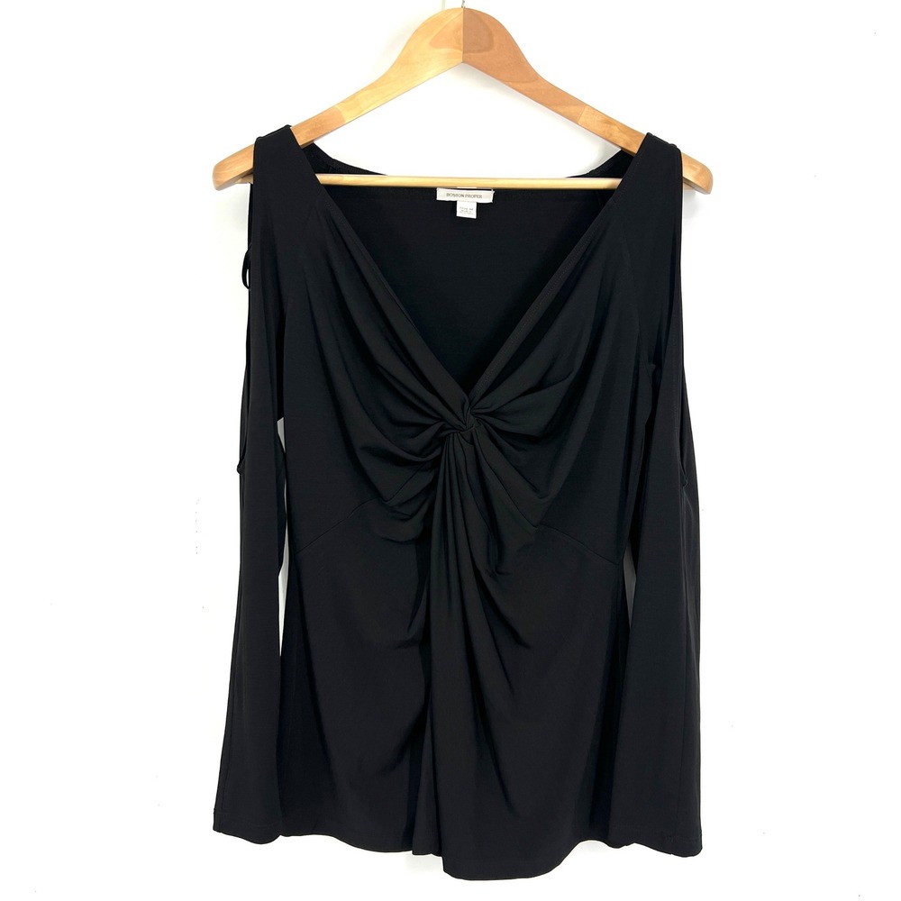 Boston Proper Black Cold Shoulder Twist Front V-Neck Top Size M 837290